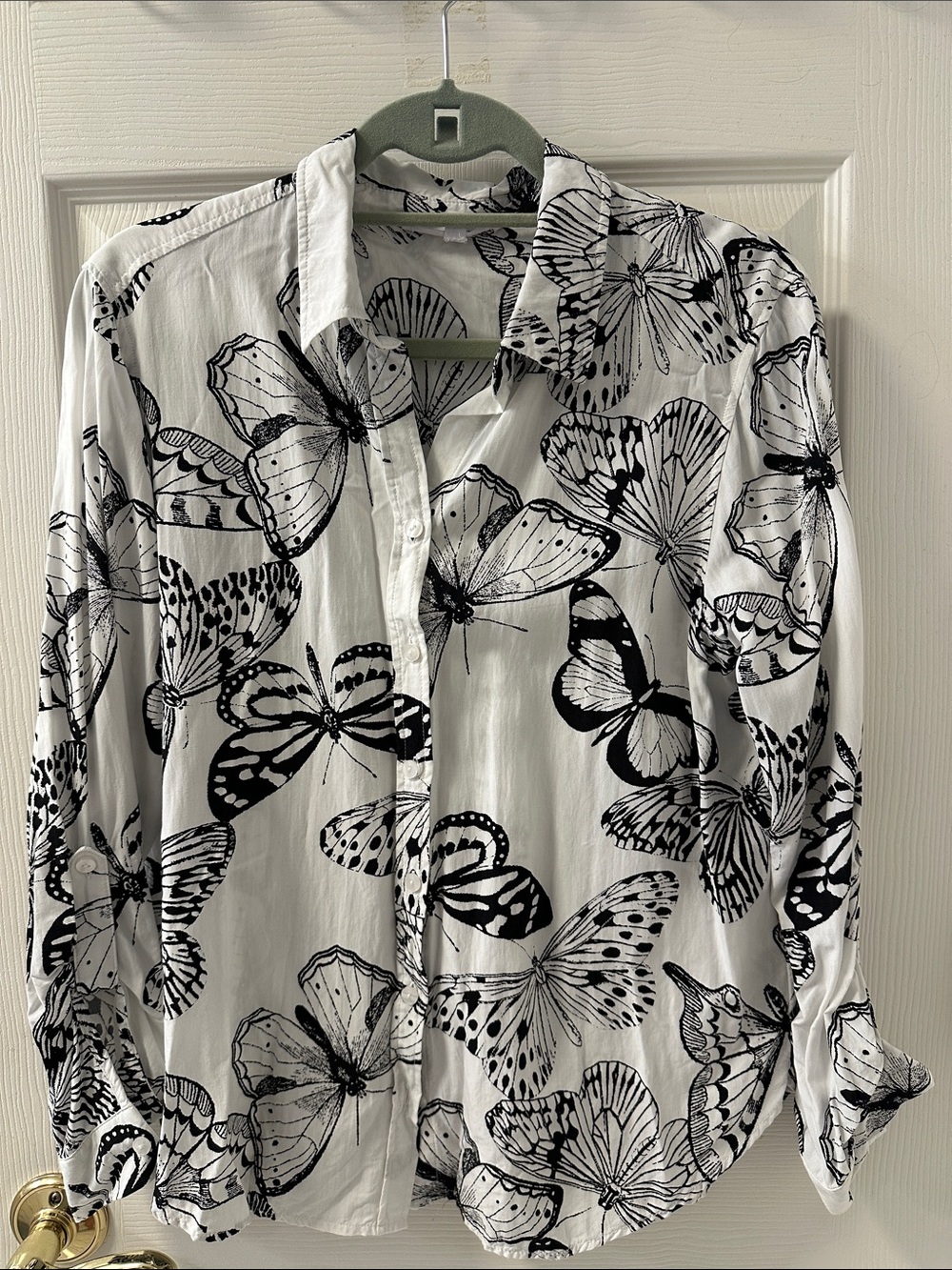 Button-Down Butterfly Print Shirt - Black/White
